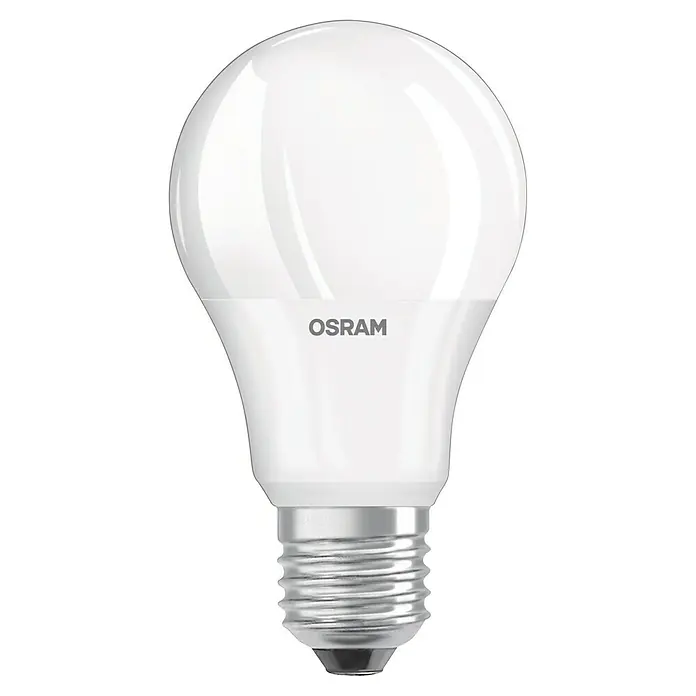Osram Set de bombillas LED Classic A60 - E27, No regulable, Blanco cálido, 806 lm, 9 W, 3 ud. - Primer plano de una bombilla LED Osram con base E27, que proporciona iluminación eficiente y duradera para espacios interiores.