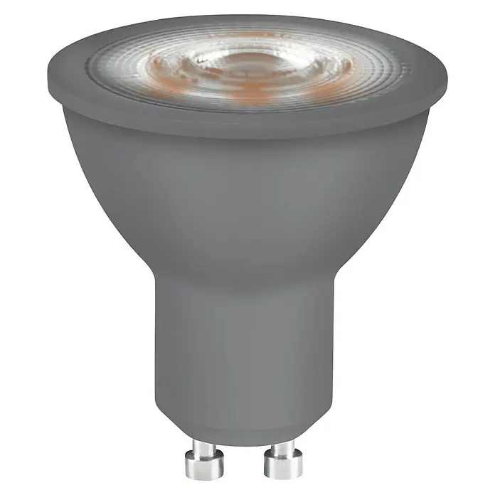 Osram Set de bombillas LED PAR16 - GU10, No regulable, Blanco cálido, 350 lm, 4,3 W, 3 ud. - Imagen de una bombilla LED GU10 gris con guía de luz transparente.