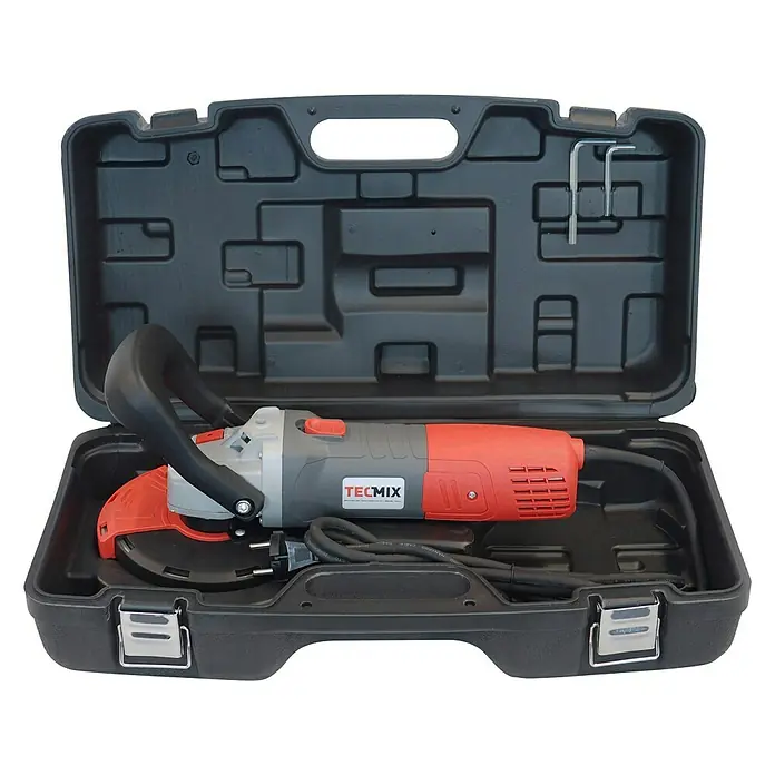 Berg Tecmix Betonschleifer TCG 125 - Leistungsaufnahme: 1.400 W, Leerlaufdrehzahl: 11.000 U/min, Durchmesser Scheibe: 125 mm - Das Bild zeigt einen Trennschneider von Tecmix in einem schwarzen Werkzeugkasten, inklusive Inbusschlüssel.
