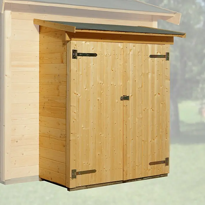 Weka Gerätehaus-Anbau - Außenbreite inkl. Dachüberstand: 143 cm, Außentiefe inkl. Dachüberstand: 75 cm, Holz, Natur lasiert, Lasiert - Holzschuppen mit Doppeltür und schwarzem Dach zur Aufbewahrung von Gartengeräten.