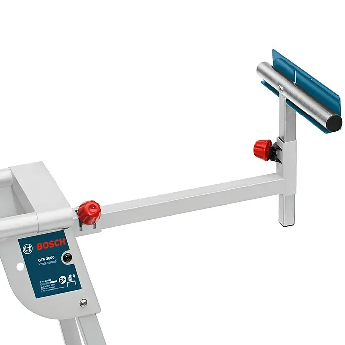 Bosch Professional Sägetisch GTA 2600 - Passend für: Stationärgeräte, Kappsägen, Paneelsägen, Belastbarkeit: 160 kg - Detailaufnahme des Bosch GTA 2600 Professional Sägetischs mit Werkstückauflage, ideal für präzise Schnitte.