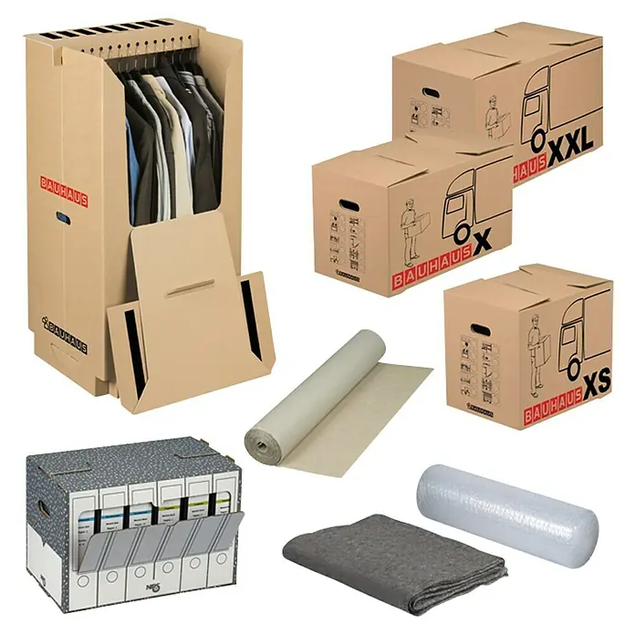 BAUHAUS Umzugskarton Multibox X - Traglast: 30 kg, 62,5 x 34,5 x 38 cm - Verschiedene Umzugskartons und Verpackungsmaterialien der Marke Bauhaus, darunter Kleiderboxen, Kartons in verschiedenen Größen und Schutzmaterialien.