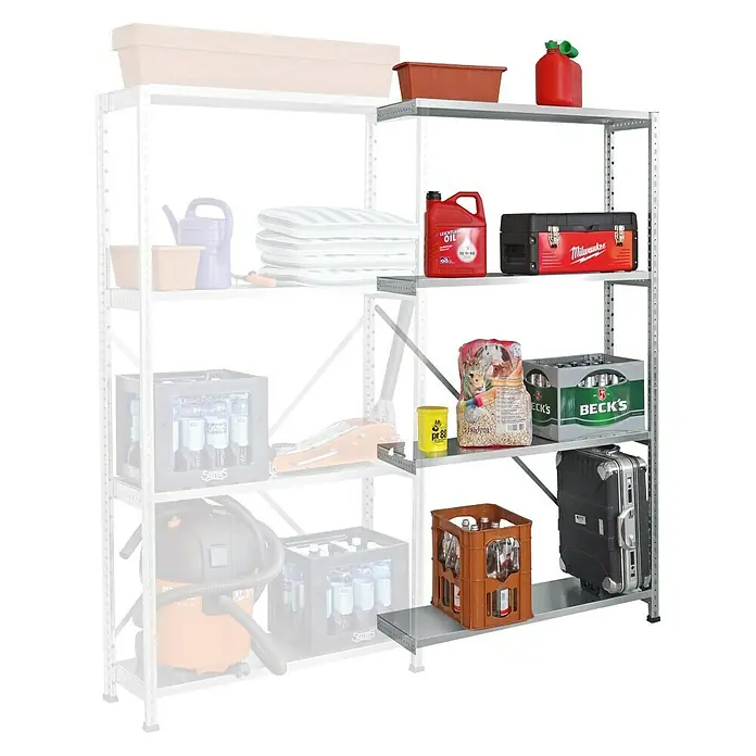 Scholz System Schwerlastregal Anbauelement - H x B x T: 192 x 80 x 30 cm, Traglast pro Boden: 100 kg, Anzahl Böden: 4 Stk., Stecken, Silber - Produktansicht eines Metallregals mit verschiedenen Gegenständen auf den Regalböden.