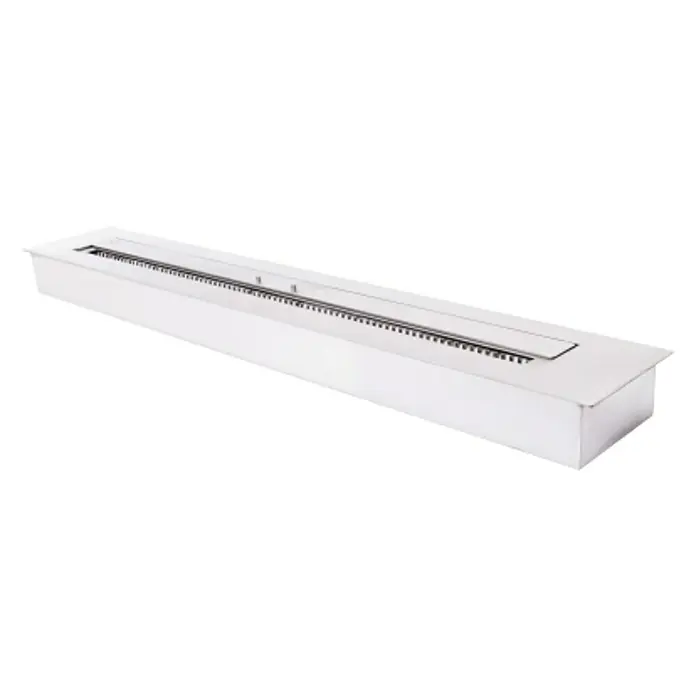 Purline Bloque de combustión F96120 - 120 x 20 x 9 cm, Acero inoxidable - Esta imagen muestra un elegante quemador de chimenea de bioetanol de acero inoxidable, perfecto para interiores.