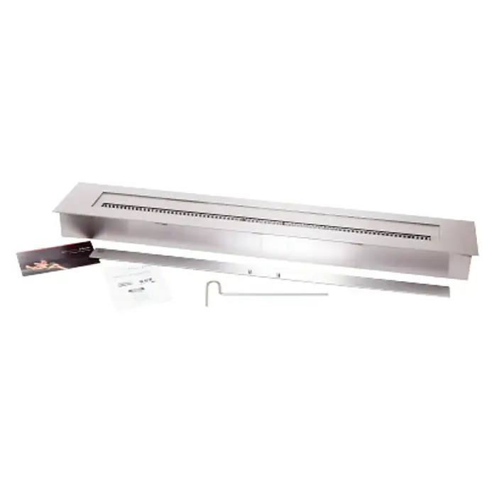 Purline Bloque de combustión F96120 - 120 x 20 x 9 cm, Acero inoxidable - La imagen muestra un quemador de chimenea de bioetanol de acero inoxidable con accesorios, ideal para añadir estilo y calidez a cualquier espacio.
