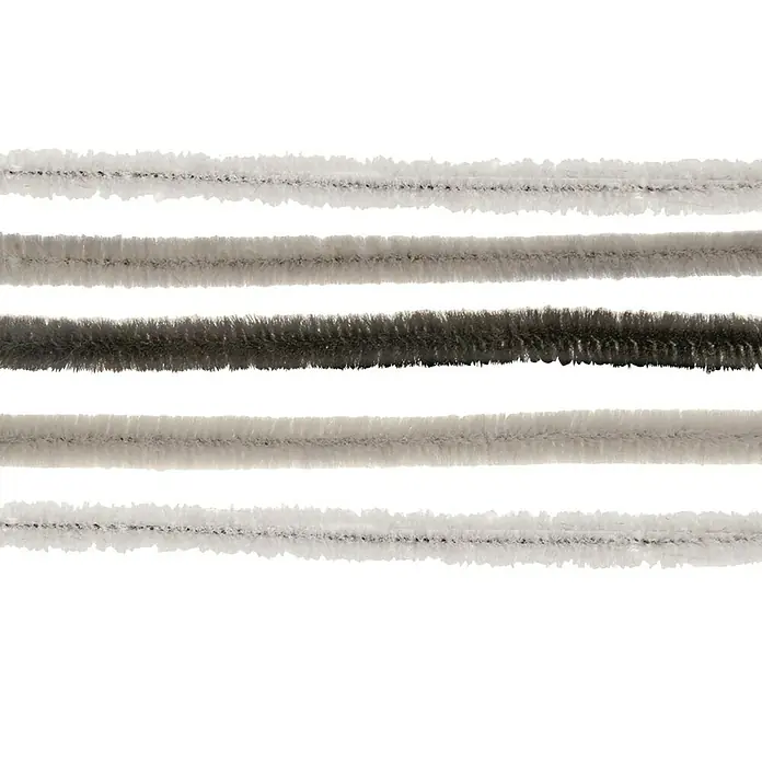 Glorex Biegeplüsch Mix II - Weiß/Schwarz, 50 cm, 10 Stk. - Nahaufnahme von fünf farbigen Pfeifenreinigern. Die Pfeifenreiniger sind flauschig und in verschiedenen Grautönen gehalten.
