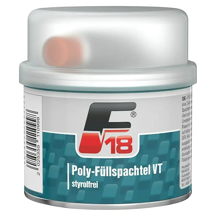 F18 Poly-Füllspachtel - 250 g - Dose Poly-Füllspachtel VT, ein styrolfreies Produkt zur Ausbesserung von Unebenheiten und Rissen auf verschiedenen Oberflächen.