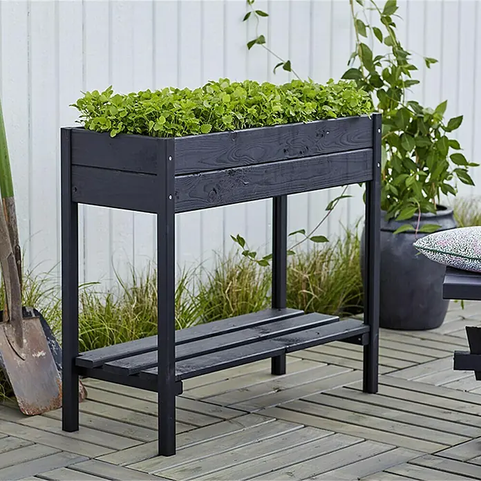 Plus Hochbeet - 88 x 37 x 79 cm, Mit Regalfach, Holz, Schwarz - Ein stilvoller, erhöhter Pflanzkasten aus dunklem Holz, perfekt für Garten und Terrasse. Bietet Platz für Pflanzen und Kräuter.