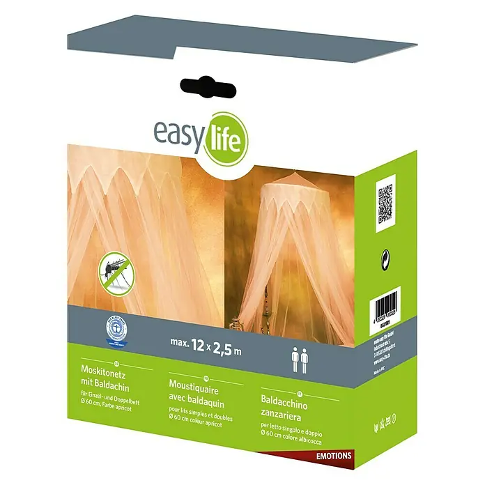 Easy Life Emotions Moskitonetz Sahara - Ø x L: 1.200 x 250 cm, Farbe Netz: Apricot - Verpackung eines "Easy Life" Moskitonetzes mit Baldachin, geeignet für Einzel- und Doppelbetten.