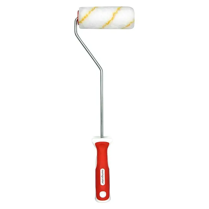 swingcolor Premium Farbroller 2K - Breite Walze: 12 cm, Bügelstärke: 6 mm, Bügellänge: 27 cm - Farbroller mit rotem Griff und weißer Rolle mit gelben Streifen für gleichmäßiges Auftragen von Farbe auf Oberflächen.