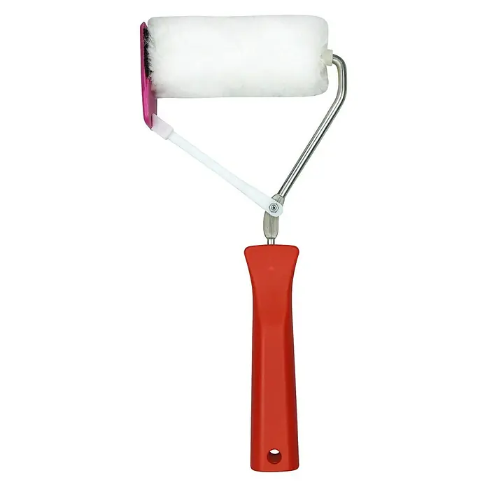 swingcolor Komfort Farbroller - Breite Walze: 10 cm, Bügelstärke: 6 mm, Florhöhe: 11 mm - Ein Farroller mit rotem Griff und weißer Rolle, ideal zum Streichen von Wänden und Decken. Praktisches Werkzeug für Heimwerker.