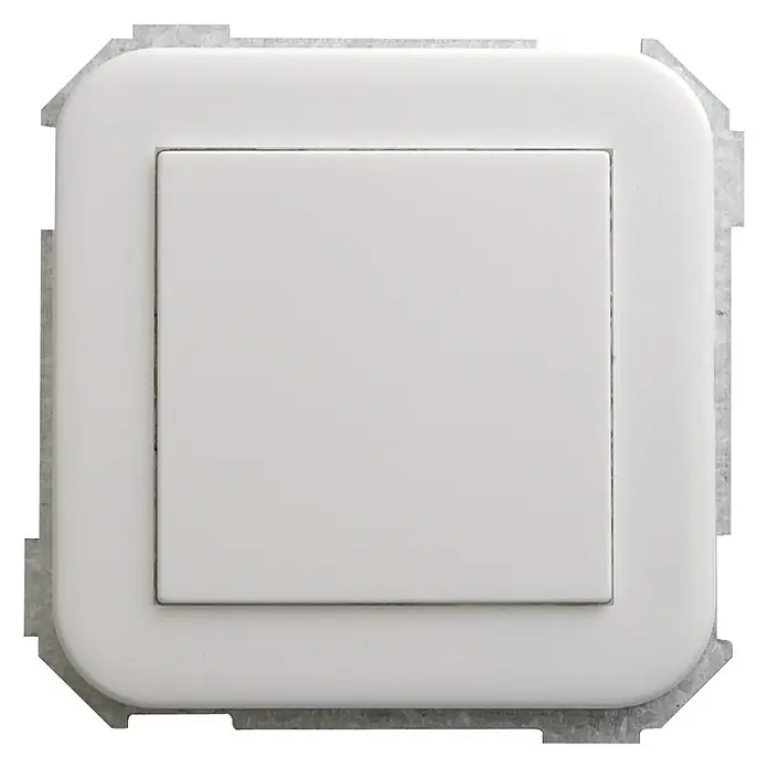 Simon 31 Tapa para mecanismo - Blanco, Plástico, Montaje en la pared - Primer plano de un interruptor de luz blanco individual con un botón cuadrado y esquinas redondeadas, encajado en un soporte de pared.