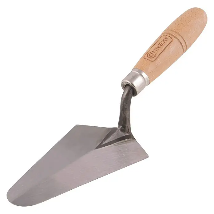 Connex Paleta de albañil Madrid - 92 x 16,5 cm - Primer plano de una paleta de albañil Connex con mango de madera y hoja de metal brillante, ideal para proyectos de construcción.