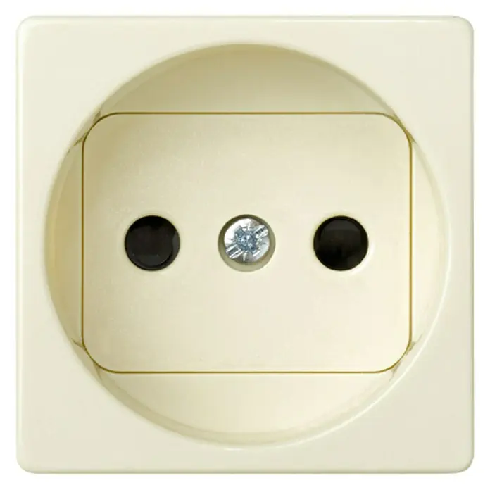 Simon 27 Tapa para mecanismo enchufe - Marfil, Aluminio, Colocar, IP20 - Primer plano de un enchufe Schuko blanco con dos agujeros y un tornillo en el centro.