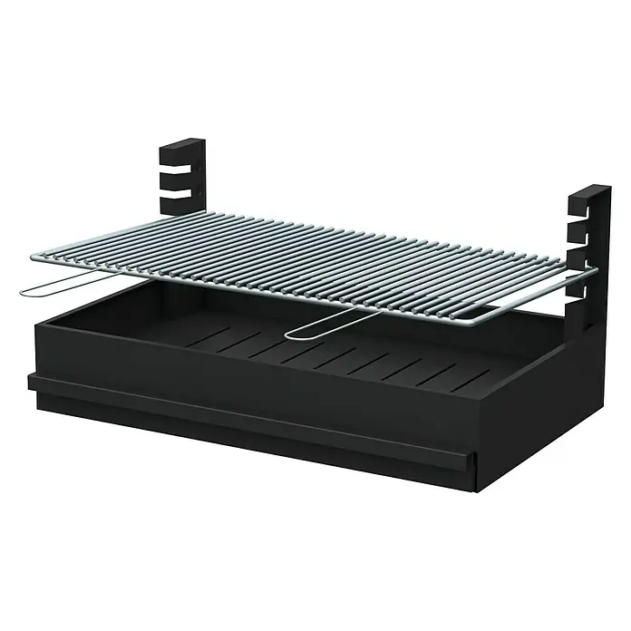 Collippo Cajón para barbacoa para series Modul 60 y París - L x An x Al: 58 x 34 x 32 cm - Imagen de una parrilla de carbón con rejilla ajustable y base negra, ideal para cocinar al aire libre.
