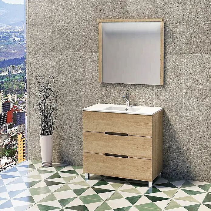 Artysan Mueble bajo de lavabo Lanza - An x Pr x Al: 80 x 44,6 x 83,3 cm, Nature - Conjunto de muebles de baño con mueble de lavabo de madera con tres cajones y espejo rectangular con marco de madera.