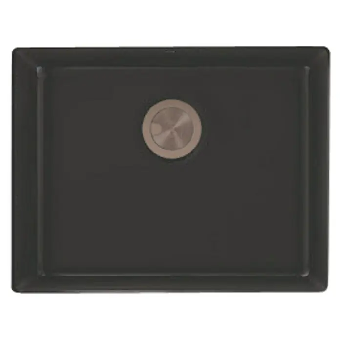 Atron Fregadero encastrable Ocean - 43,6 x 54,6 cm, Metal, Brillante - Primer plano de un fregadero negro con un tapón de desagüe redondo en el centro. El fregadero tiene forma rectangular con esquinas redondeadas.