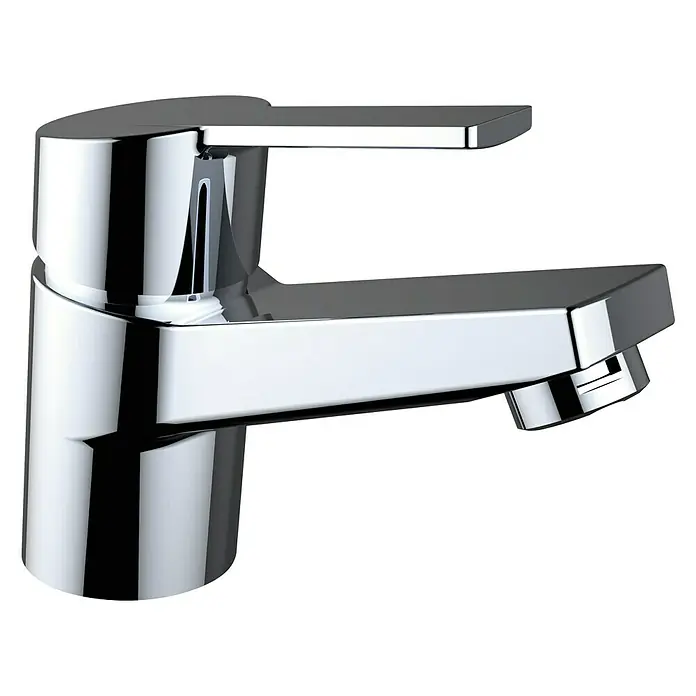 Clever Eno-X Grifo de lavabo 60 - Cromo, Brillante - La imagen muestra un grifo cromado moderno y brillante. Tiene un caño cuadrado y una manija de palanca plana.