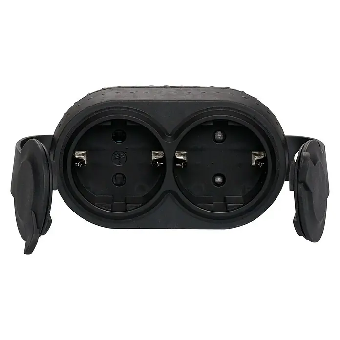 Legrand Ladrón de enchufe - Negro, 250 V, 16 A - Primer plano de una toma de corriente doble negra con tapas abiertas. Ideal para exterior y jardín.