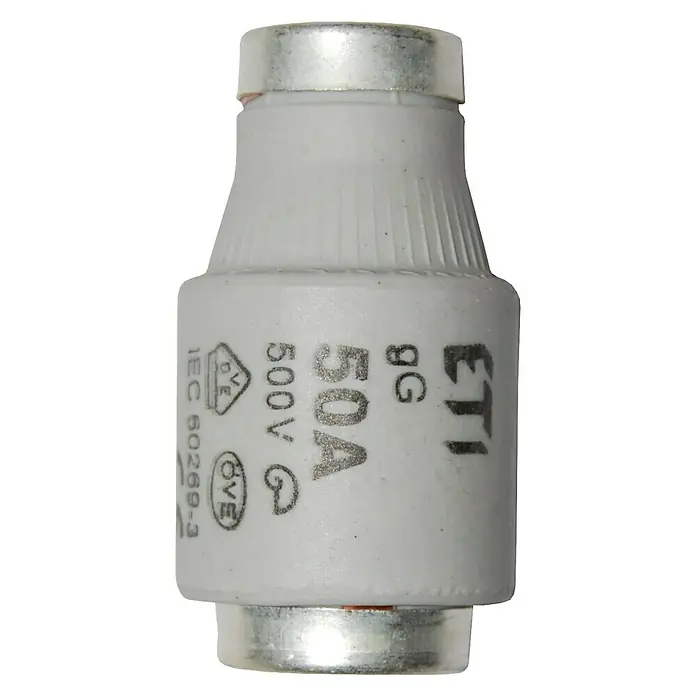 Diazed-Sicherung - 50 A, 500 V, E 33, DIII, 5 Stk. - Nahaufnahme einer ETI 50A 500V Sicherung, die zum Schutz von Stromkreisen vor Überlastung und Kurzschlüssen verwendet wird.