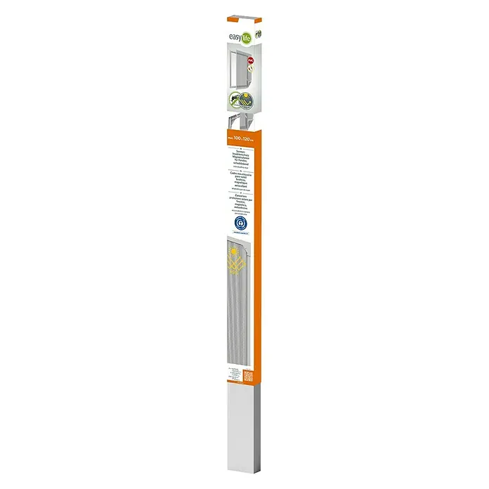 Easy Life Sonnen-& Insektenschutz-Gitter - B x H: 100 x 120 cm, Montage Insektengitter: Magnetisch anheften - Eine Verpackung der Easy Life Sonnenschutzfolie für Fenster. Sie ist weiß und orange und zeigt die Anwendungsbereiche.