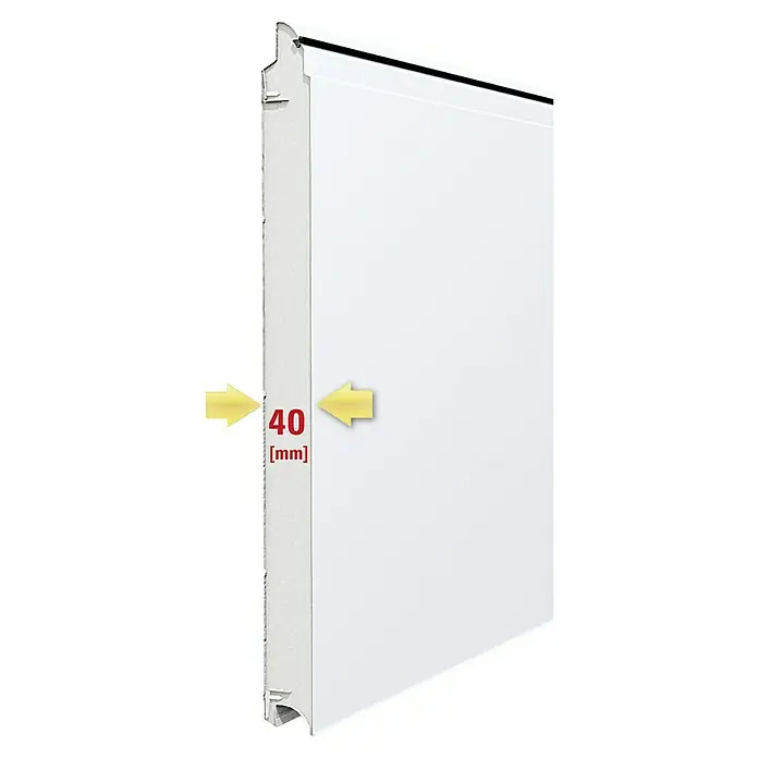 Solid Elements Garagentor Solid Pro - B x H: 2.500 x 2.125 mm, Verkehrsweiß, Glatt - Detailansicht einer weißen Wandplatte mit einer Dicke von 40 mm, dargestellt durch gelbe Pfeile und Maße.