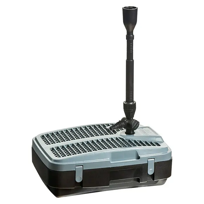 Heissner Unterwasserfilter FA2000UV - Fördermenge pro Std.: 2.000 l, Teichgröße: 5 m³ - Aufnahme eines Teichfilters mit einem schwarzen Sockel, einem grauen Deckel mit Löchern und einem schwarzen Rohr mit Trichter.