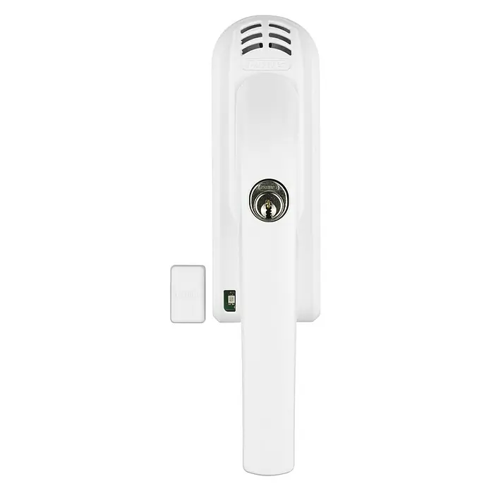 Abus Alarm-Fenstergriff FG 300A - DIN Anschlag: Universell einsetzbar, Weiß, Abschließbar - Ein weißer ABUS Fenstergriff mit Schloss und einem kleinen, rechteckigen ABUS-Transmitter zur Sicherheit von Fenstern.
