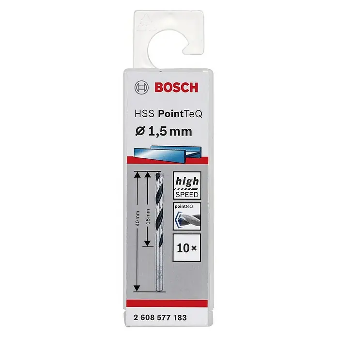 Bosch Metallbohrer - Durchmesser Bohrer: 1,5 mm, 10 Stk. - Aufnahme des Bosch HSS PointTeQ Metallbohrersatzes mit 1,5 mm Durchmesser, ideal für präzise Bohrarbeiten.