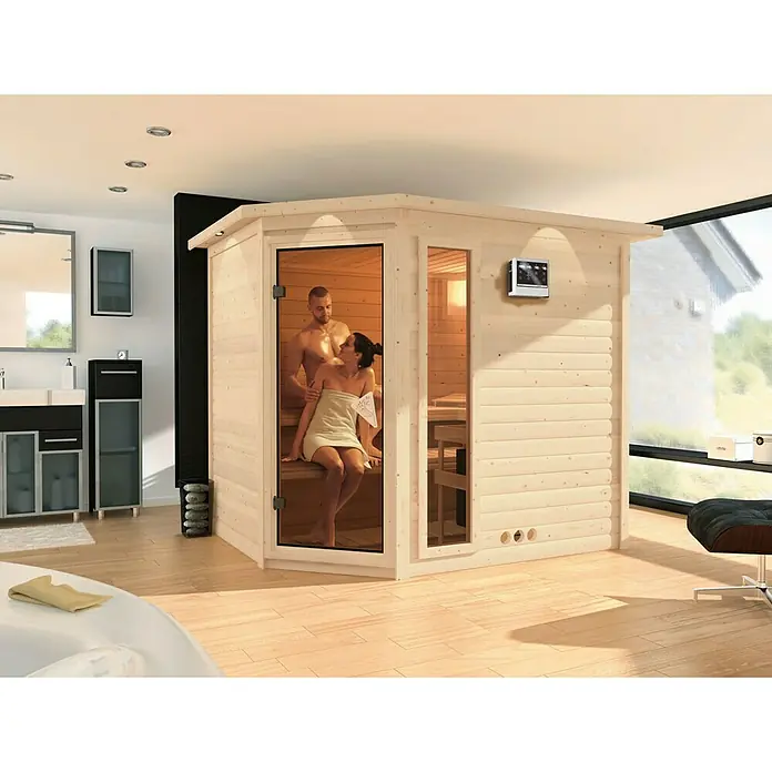 Karibu Massivholzsauna Tanami - Mit 9 kW Bio-Ofen mit externer Steuerung, Ohne Dachkranz, L x B x H: 231 x 196 x 192 cm - Sauna für zwei Personen in einem hellen Badezimmer. Ideal für entspannende Momente zu Hause.