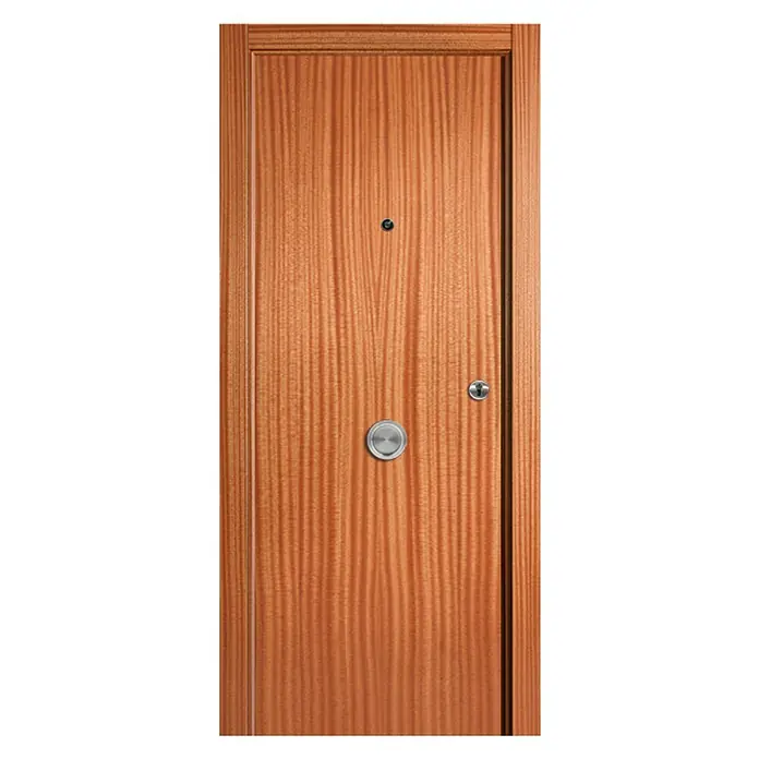 Solid Elements Puerta de entrada interior - 82,5 x 203 cm, Izquierda, Sapelly, Blindada - Una elegante puerta de entrada de madera con mirilla y pomo moderno. Perfecta para un hogar seguro y acogedor.