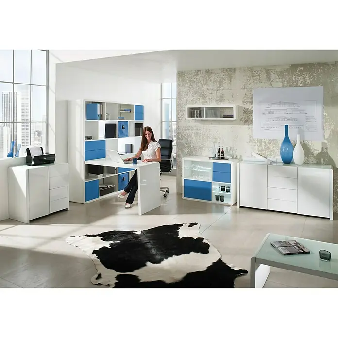 Phönix Atlanta Aufbewahrungsbox - L x B x H: 34 x 34 x 34 cm, Textil, Aqua/Grau - Modernes Büro mit weißen Möbeln und blauen Akzenten, inklusive Schreibtisch, Regalen und Kommode. Elegantes Design für stilvolles Arbeiten.