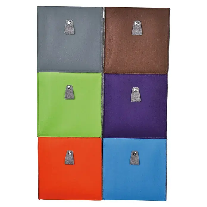 Phönix Atlanta Aufbewahrungsbox - L x B x H: 34 x 34 x 34 cm, Textil, Mocca/Grau - Das Bild zeigt sechs farbenfrohe Aufbewahrungsboxen mit grauen Filzgriffen, die in einem 3x2-Raster angeordnet sind und sich ideal zur Organisation eignen.