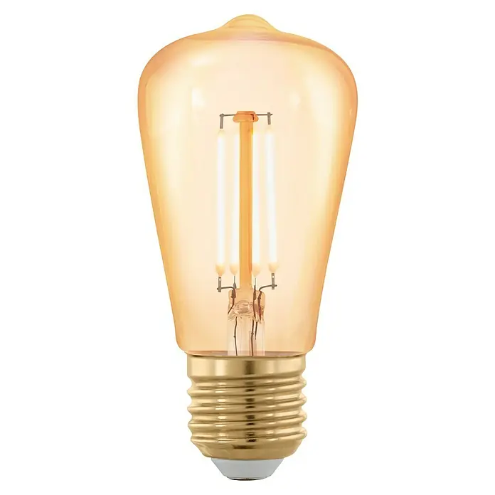 Eglo Bombilla LED Golden Age - E27, Intensidad regulable, 320 lm, 4 W, Otros - Primer plano de una bombilla LED vintage con base dorada y cristal ámbar cálido, que emite una luz acogedora y decorativa.