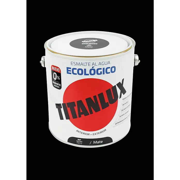 Titanlux Esmalte de color Eco - Negro, Mate, 2,5 l, Base de agua - Bote de pintura al agua Titanlux, ecológica, color negro mate, ideal para interiores y exteriores, con secado rápido y alta lavabilidad.