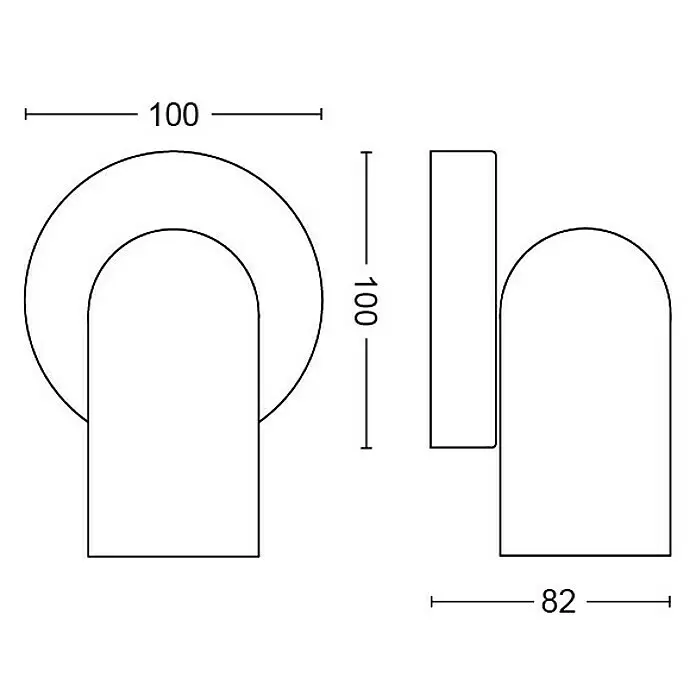 Philips Foco de pared Pongee - 10 W, L x An x Al: 8,2 x 13,8 x 10 cm, Blanco, GU10 - Dibujo técnico de un accesorio de pared en forma de U redondeada, 100mm alto, 100mm ancho, 82mm fondo.