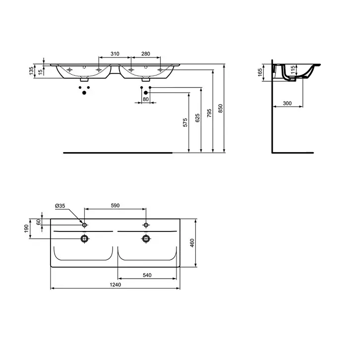 Ideal Standard Connect Air Einbauwaschbecken - 124 x 46 cm, Ohne Spezialglasur, Hahnloch: Mitte, Mit Überlauf, Weiß - Schema des Doppelwaschtischs mit Maßen und Ansichten. Das Bild zeigt die Abmessungen für Installation und Design des Produkts.