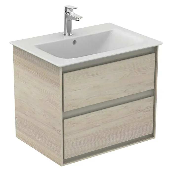 Ideal Standard Connect Air Waschtischunterschrank60 x 44 x 51,7 cm, Pinie/Braun, Matt - Ein moderner Waschtisch mit Holzstruktur und zwei Schubladen unter einem weißen Waschbecken mit Chromarmatur.