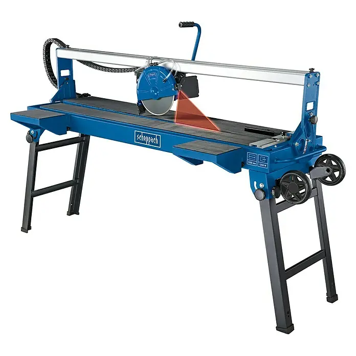 Scheppach Elektro-Fliesenschneider FS 4700 - 1.200 W, Max. Schnittlänge: 1.200 mm, Schnitttiefe bei 90 °: 34 mm - Scheppach Fliesenschneider mit blauem Rahmen, schwarzer Arbeitsfläche und rotem Laser zum präzisen Schneiden von Fliesen.