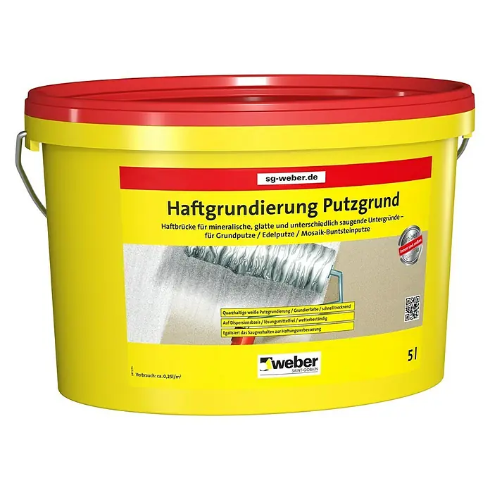 SG Weber Haftgrund - 5 l, Materialeignung: Putz - Haftgrundierung Putzgrund von Weber, eine Grundierung für mineralische, glatte Untergründe, ideal für Putz- und Mosaikarbeiten.