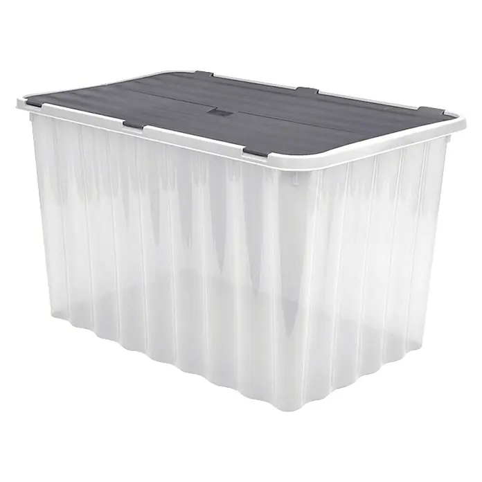 Caja de almacenaje Wave - L x An x Al: 36 x 60 x 36 cm, Plástico, Transparente - La imagen muestra una caja de almacenamiento de plástico transparente con una tapa gris. La caja es ideal para guardar diversos artículos.