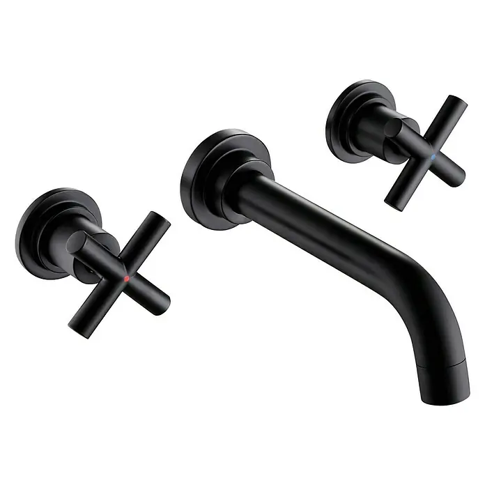 Rousseau Grifo de lavabo empotrado Mural - Negro, Mate - Elegante grifo de pared negro mate con manetas cruzadas. Un diseño moderno para baños o cocinas, de alta calidad y elegante.