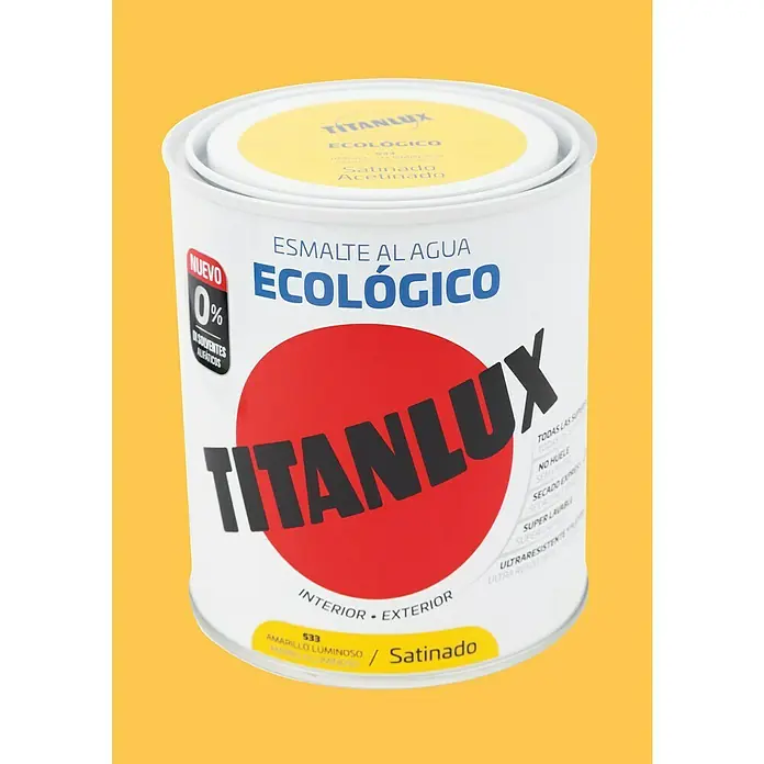 Titanlux Esmalte de color Eco - Amarillo luminoso, Satinado, 750 ml, Base de agua - Una lata de pintura de esmalte al agua TITANLUX ECOLÓGICO en amarillo, apta para interiores y exteriores. Ecológica y duradera.