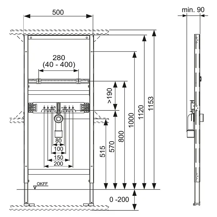 Tece Profil Waschtisch-Vorwandelement - 9 x 50 x 112 cm, Pulverbeschichtet - Technische Zeichnung eines WC-Montageelements mit Maßen, ideal für Badplanung und Installation.