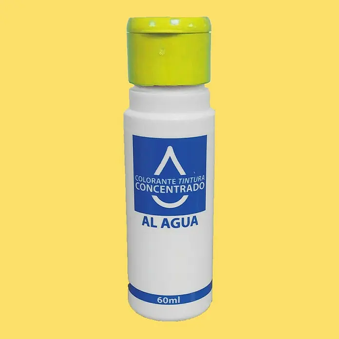 Colorante Concentrado al agua - Amarillo, 60 ml - La imagen muestra una botella de 60 ml de tinte concentrado, con un tapón amarillo, sobre un fondo amarillo.