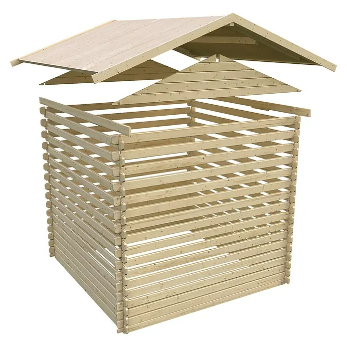 Karibu Gartenhaus Felsenau 3 - Außenmaß inkl. Dachüberstand (B x T): 320 x 320 cm, Holz, Natur - Abbildung eines Holzschuppens mit einem abnehmbaren Dach. Der Holzschuppen besteht aus mehreren Holzstücken.