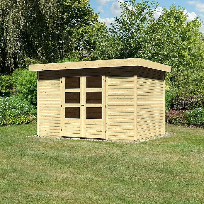 Karibu Gartenhaus Askola - Außenmaß inkl. Dachüberstand (B x T): 330 x 238 cm, Holz, Natur - Ein geräumiges Gartenhaus aus hellem Holz mit Doppeltüren und Fenstern, ideal zur Aufbewahrung von Gartengeräten.