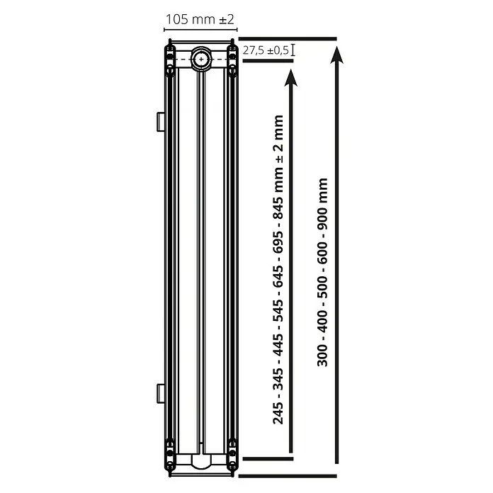 Flachheizkörper - B x H: 1.600 x 900 mm, Wärmeleistung bei Vorlauftemperatur von 75 °C (D: 50): 3.512 W, Typ Heizkörper: 22 - Abbildung eines Heizkörpers mit Maßangaben zu Breite (105 mm), Tiefe (27,5 mm) und Höhe (245-845 mm bzw. 300-900 mm).