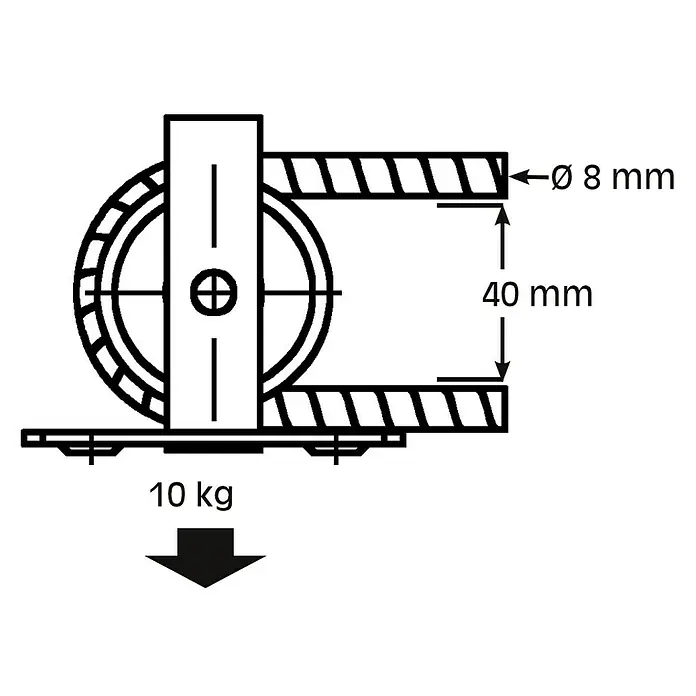 HBS Betz Seilrolle - Typ: Stehrolle, Polyamid, Traglast: 10 kg, Durchmesser: 40 mm, 2 Stk. - Schema eines Rollenbock-Türbeschlags mit den Maßen 8 mm Durchmesser, 40 mm Höhe und einer Belastbarkeit von 10 kg.