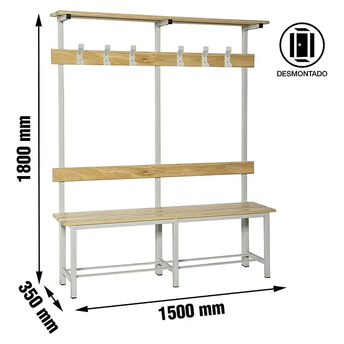 Simonrack Simonlocker Banco de vestuario Single Desmontado con perchero - L x An x Al: 35 x 150 x 180 cm - Imagen de un perchero con dimensiones de 1800 mm de alto, 1500 mm de ancho y 350 mm de profundidad.
